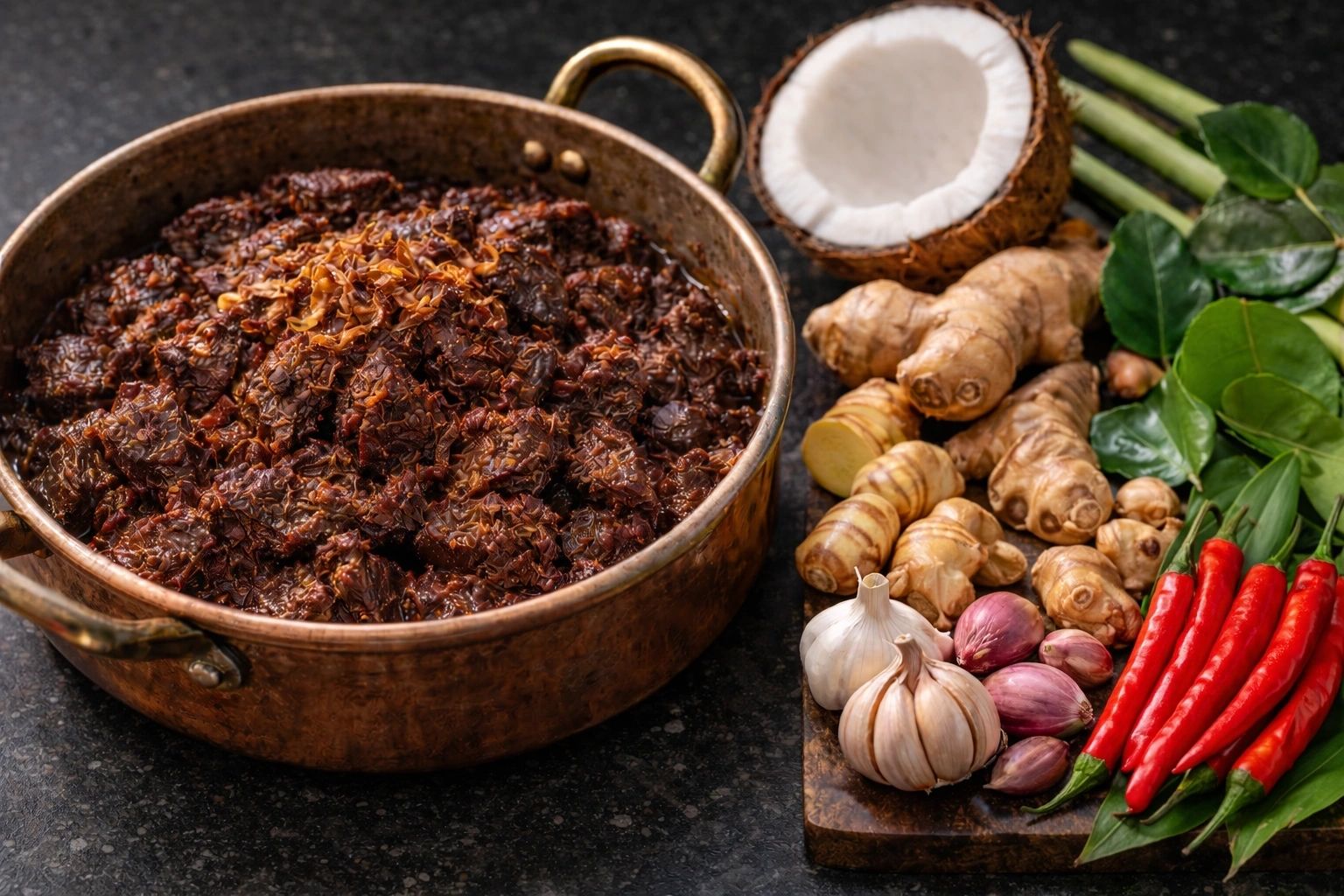 Beef rendang in a copper pan surrounded by coconut, ginger, herbs, garlic, shallots, and red chiles.