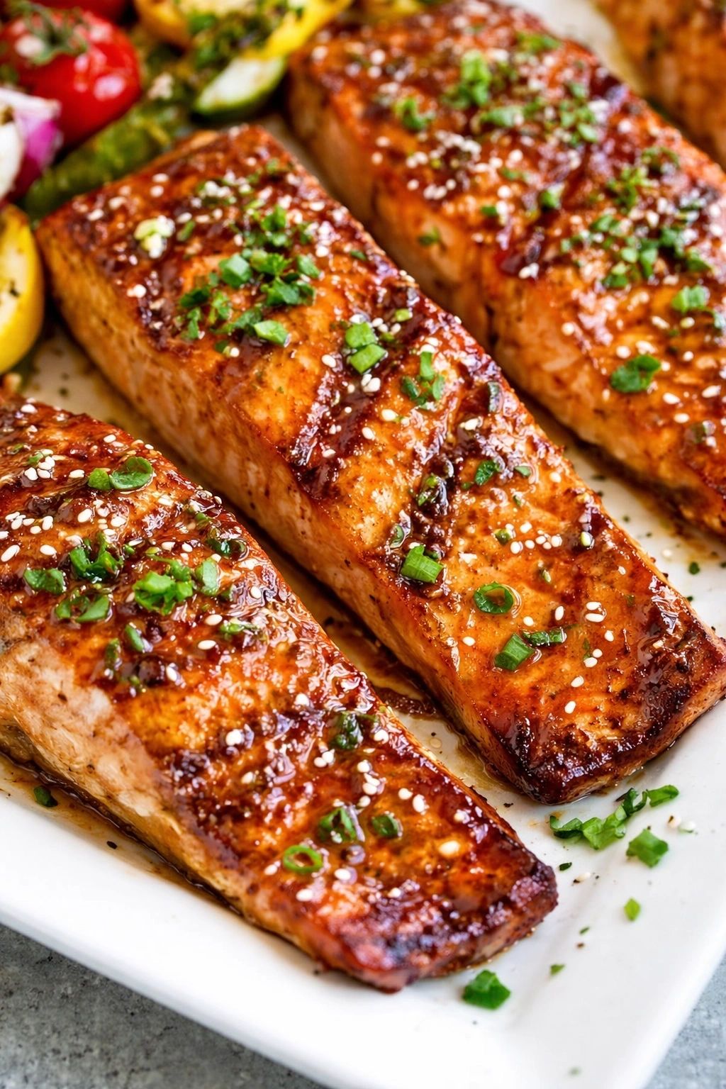 Honey miso salmon served with colorful vegetables.