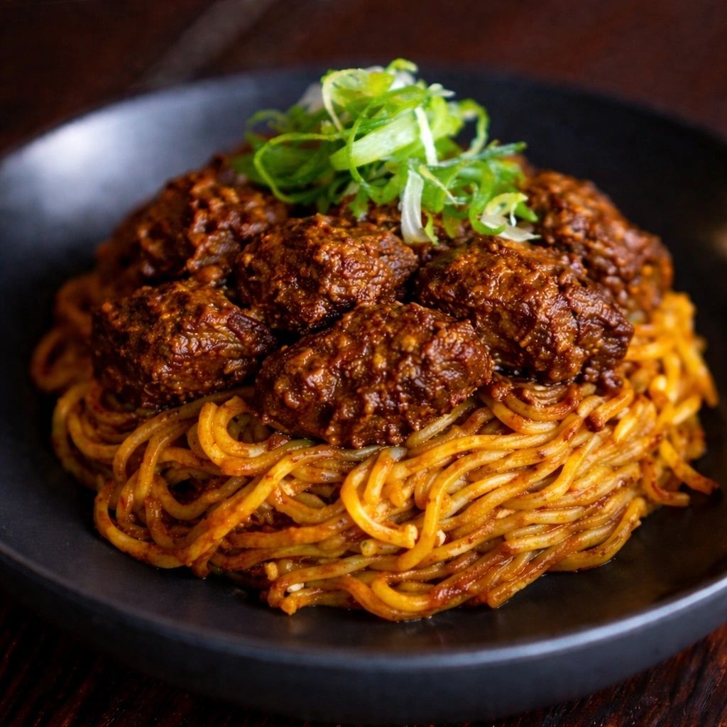 Rendang noodles plated with herbs and warm spices.