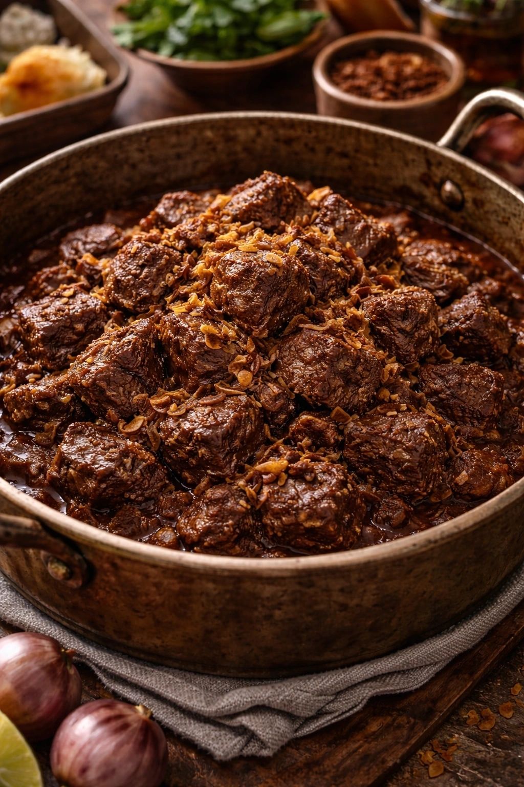 A rich rendang dish in a copper pot, garnished with crisp fried shallots.