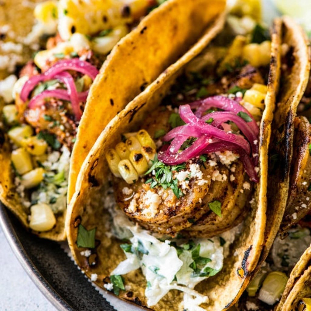 Grilled shrimp tacos with fresh toppings.